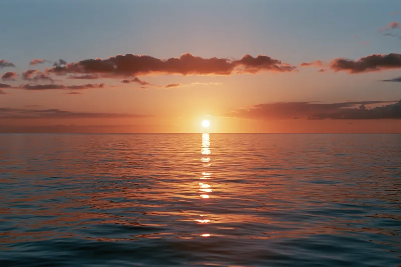 Sunset over calm ocean with sun reflecting on water at horizon