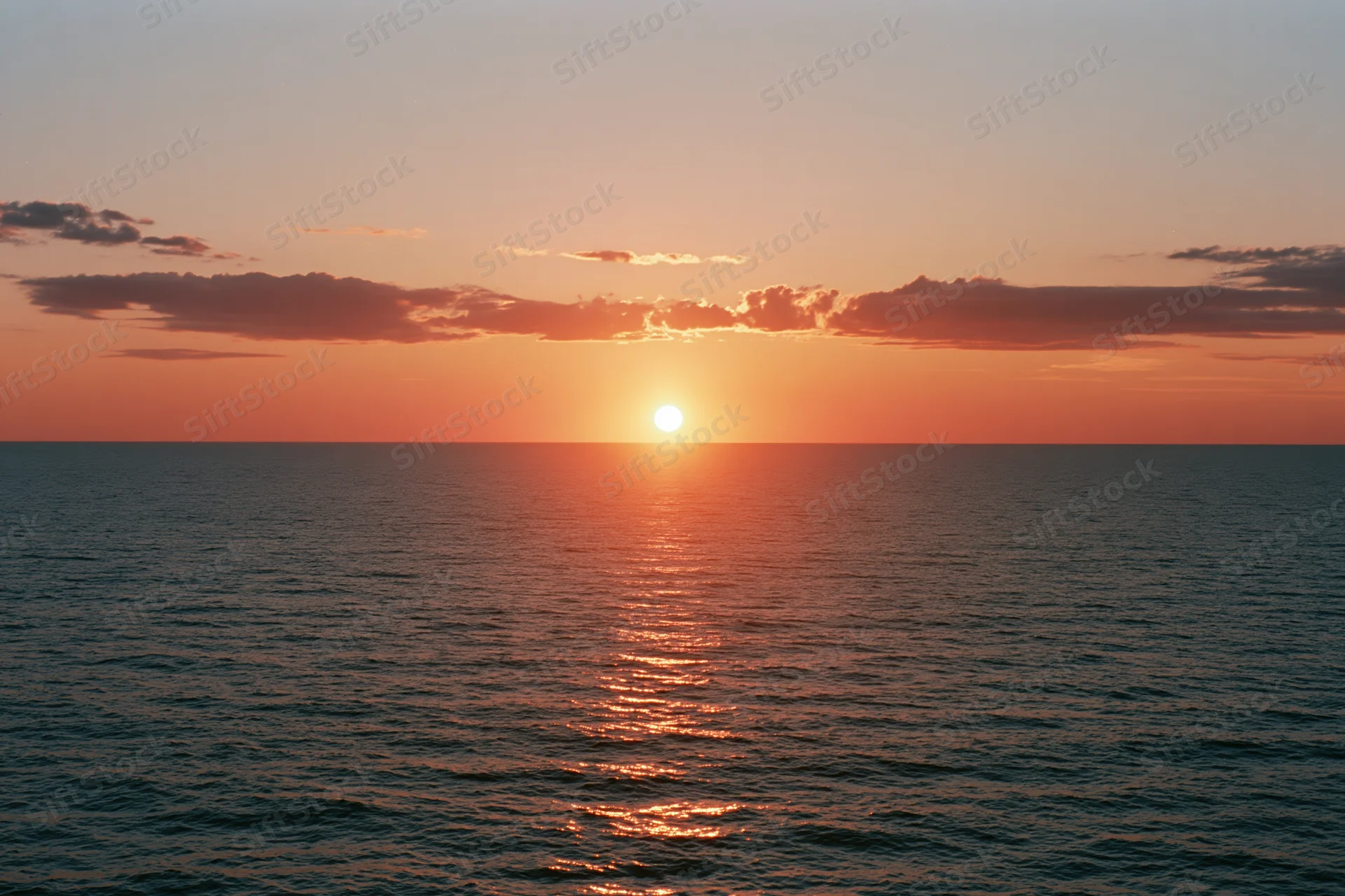 Sunset over the ocean with sun at horizon casting warm reflection on water surface