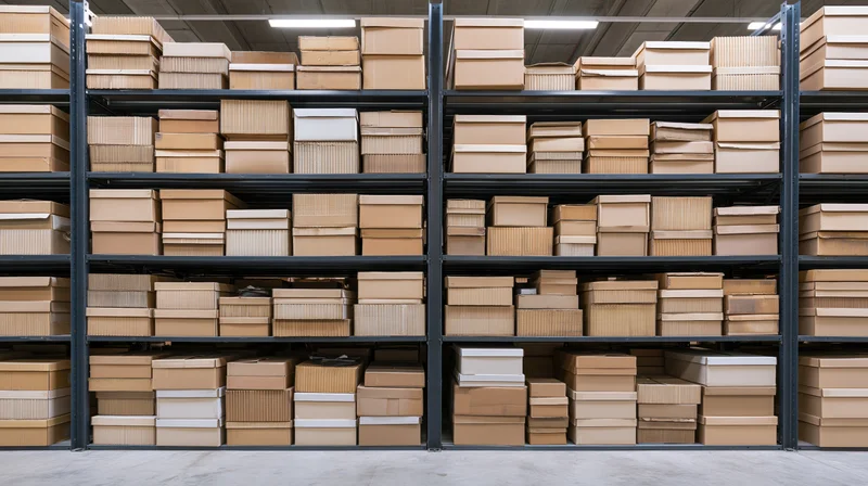 Rows of cardboard boxes stacked on metal shelves in a warehouse storage facility