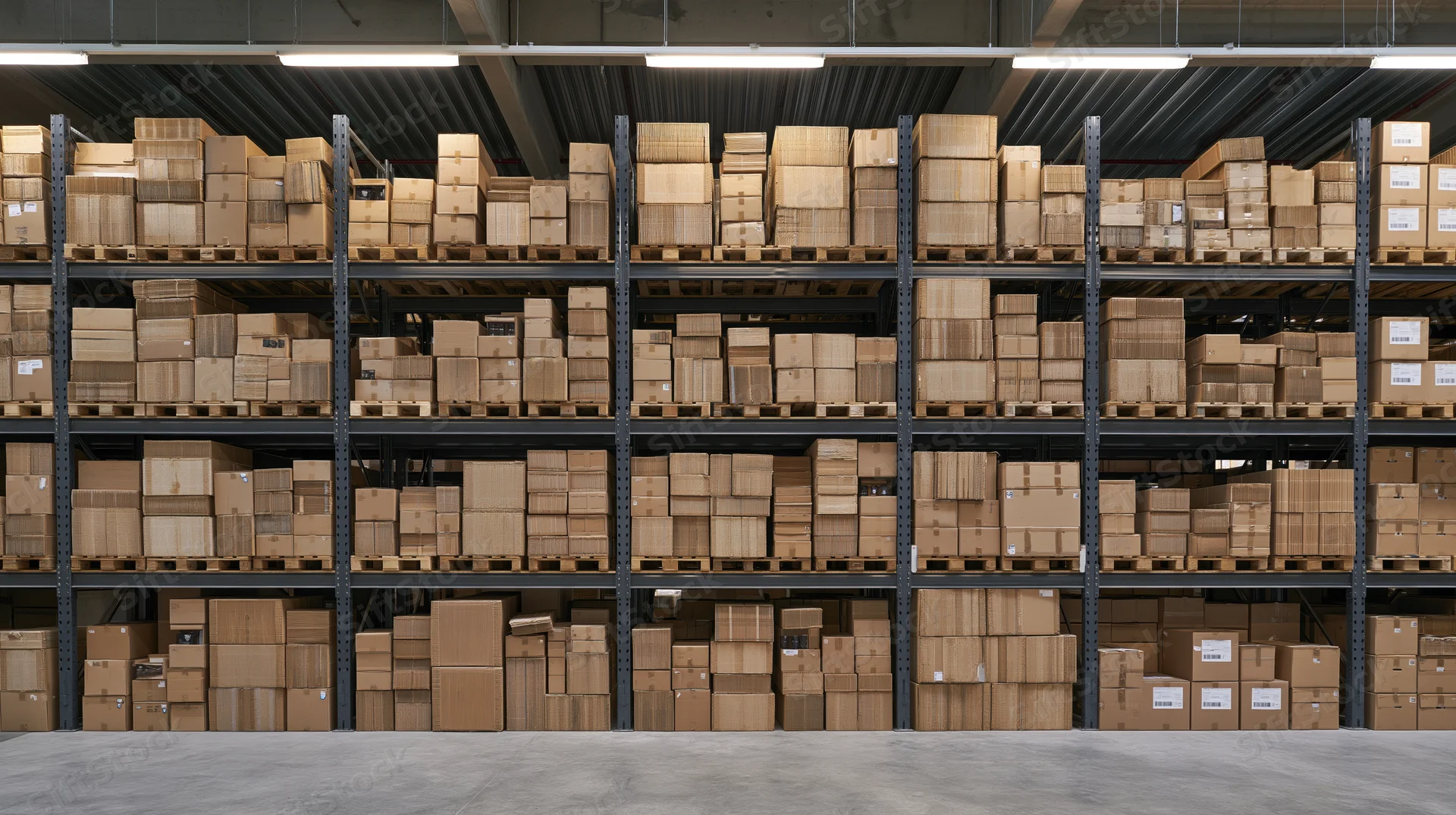 Rows of cardboard boxes stacked on metal shelving in a warehouse interior