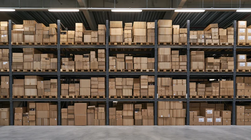 Rows of cardboard boxes stacked on metal shelving in a warehouse interior