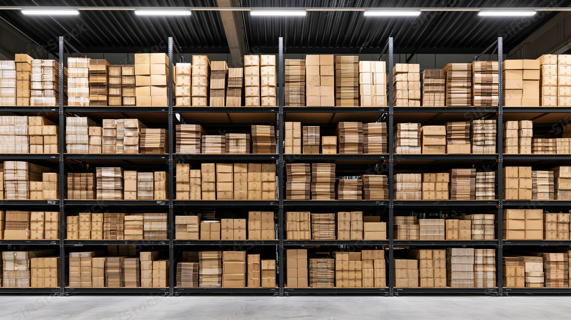 Rows of cardboard boxes stacked on metal shelving in a warehouse interior