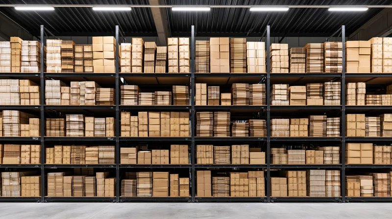 Rows of cardboard boxes stacked on metal shelving in a warehouse interior