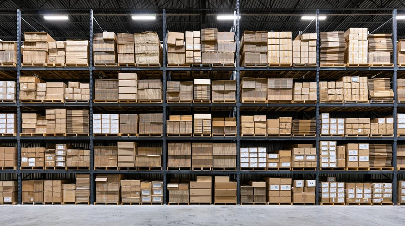 Rows of stacked cardboard boxes on metal pallet racks in a warehouse interior