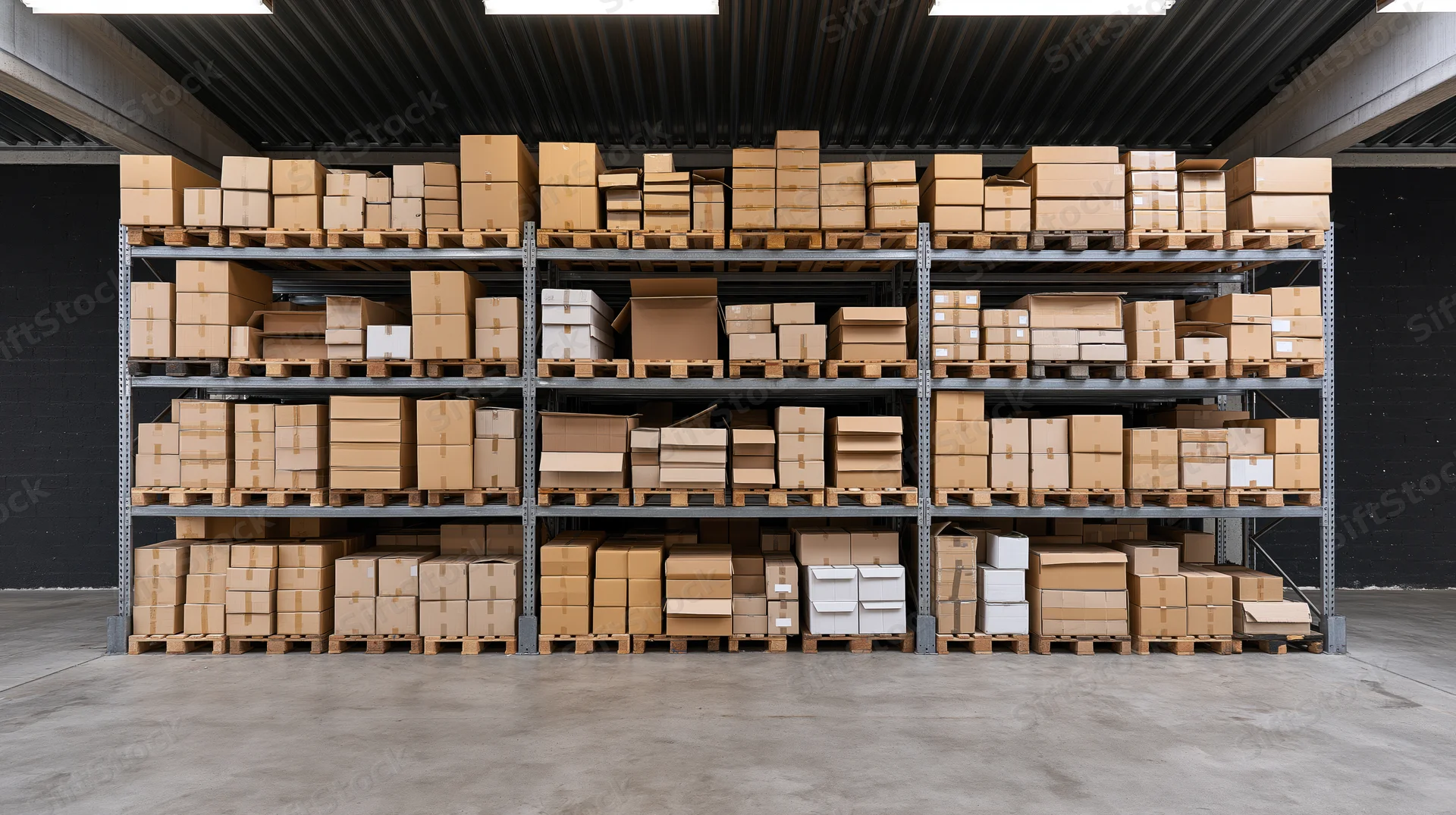 Rows of stacked cardboard boxes on metal pallet racks in a warehouse interior