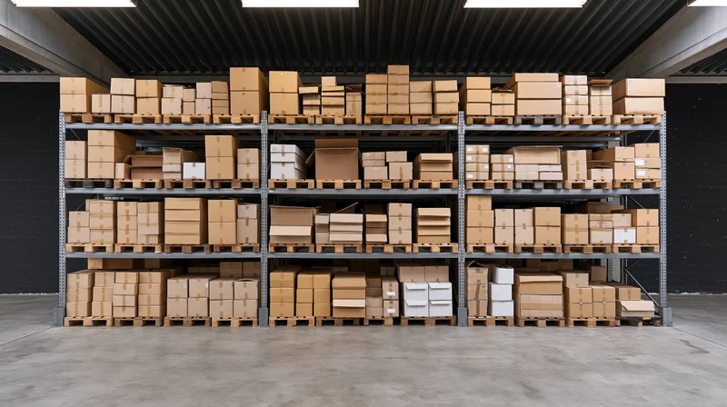 Rows of stacked cardboard boxes on metal pallet racks in a warehouse interior
