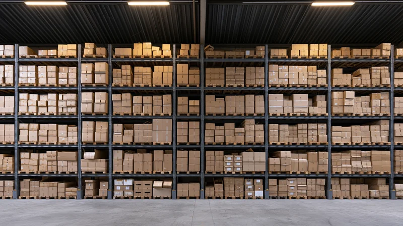 Rows of cardboard boxes stacked on metal pallet racks inside a large warehouse