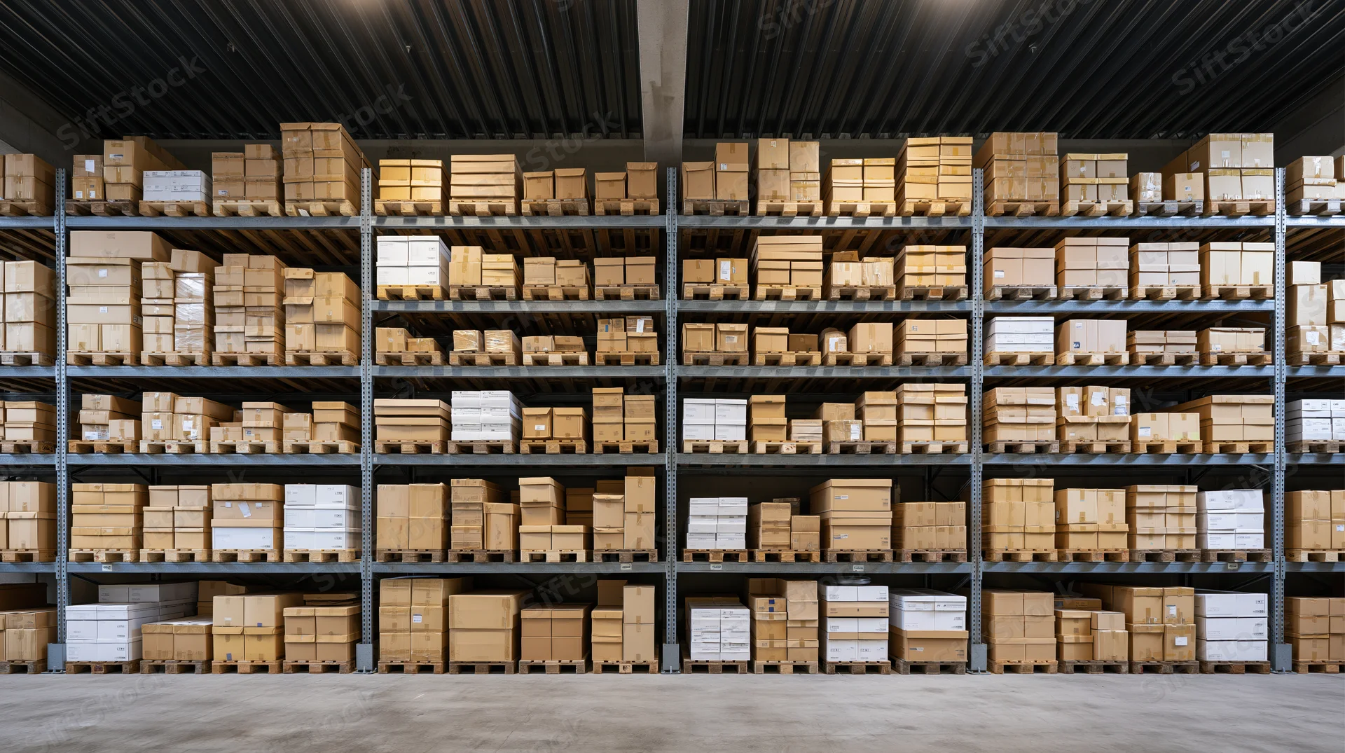 Rows of stacked cardboard boxes on metal shelving in a warehouse interior