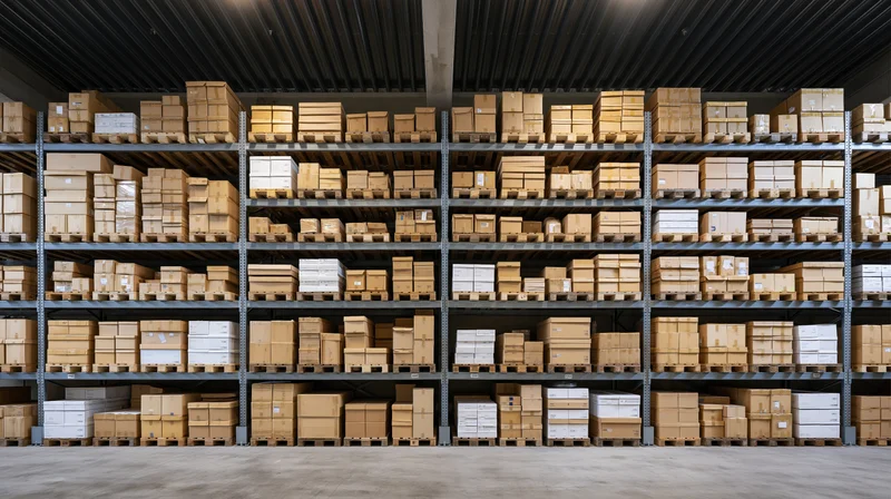 Rows of stacked cardboard boxes on metal shelving in a warehouse interior