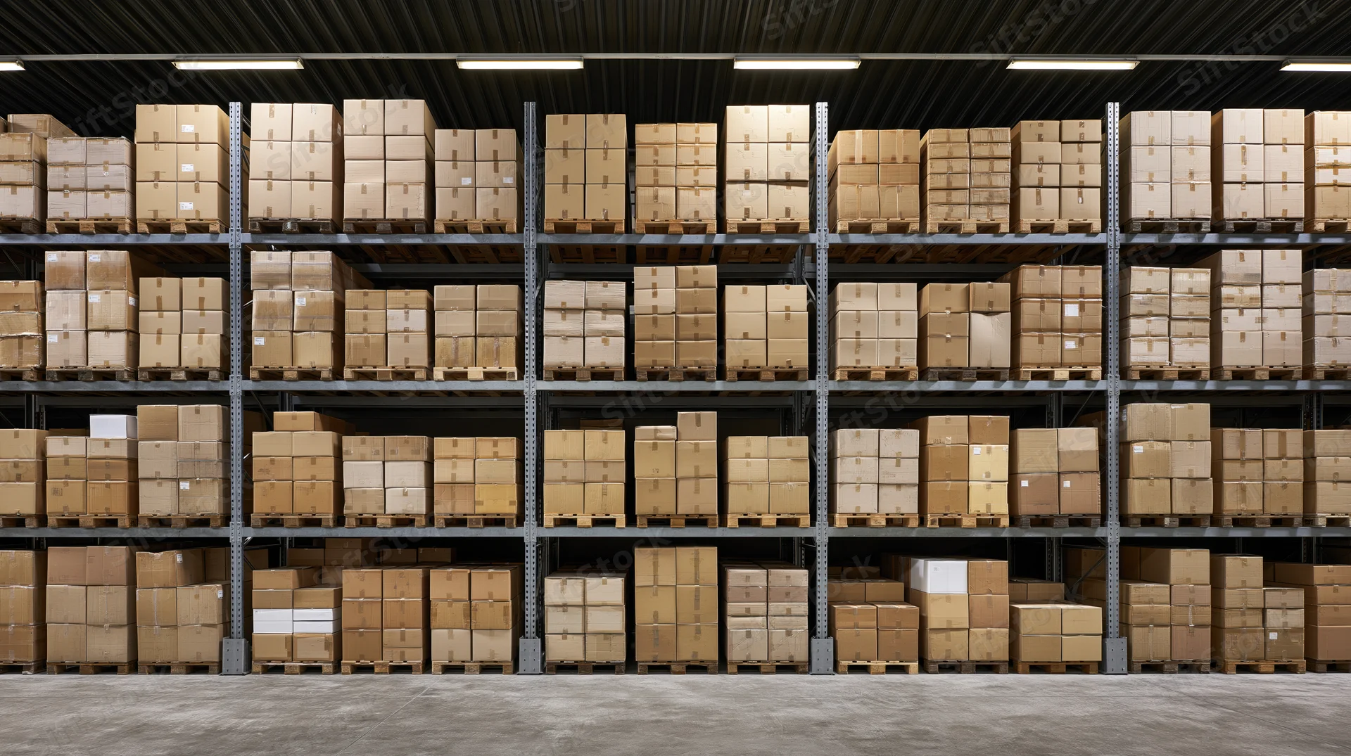 Rows of stacked cardboard boxes on metal pallet racks in a warehouse interior