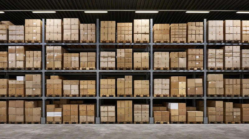 Rows of stacked cardboard boxes on metal pallet racks in a warehouse interior