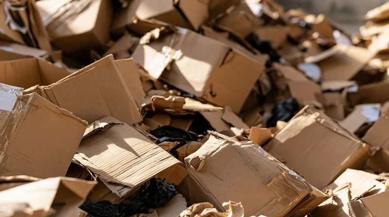 Pile of crushed cardboard boxes and trash in outdoor recycling area under sunlight