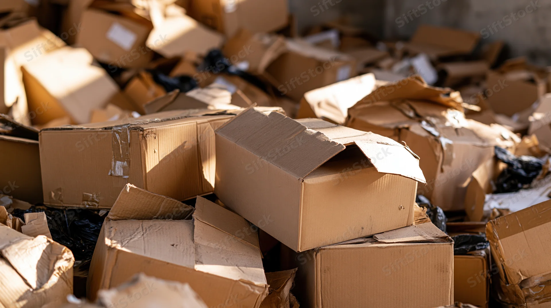 Pile of flattened cardboard boxes and trash in an outdoor recycling area under sunlight