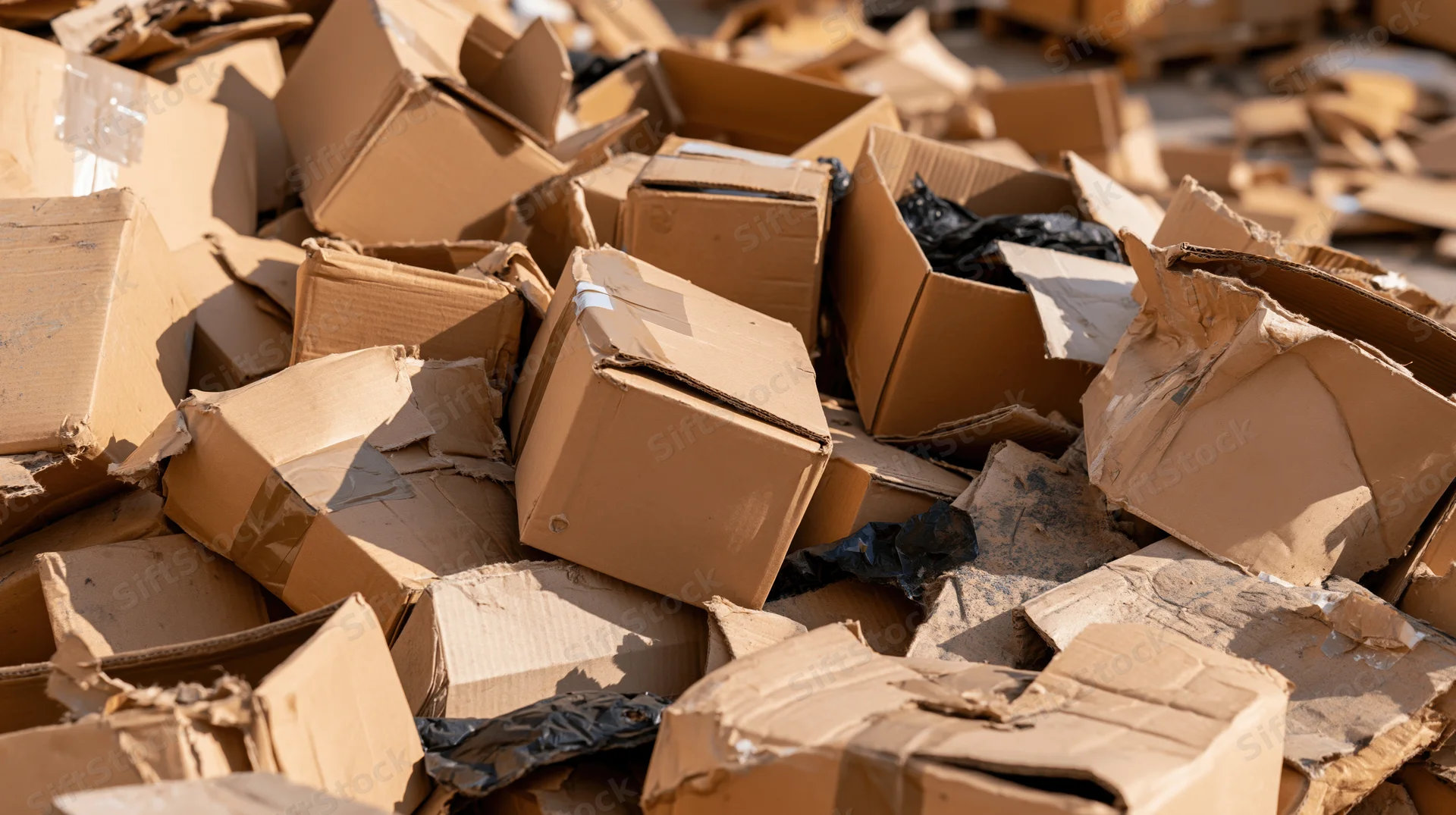 Pile of crushed cardboard boxes and debris in outdoor recycling area under sunlight