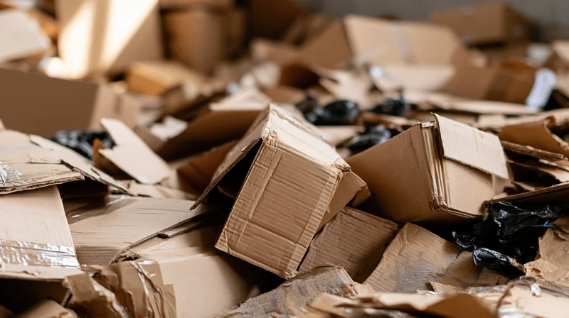 Pile of crushed cardboard boxes and trash in a storage area