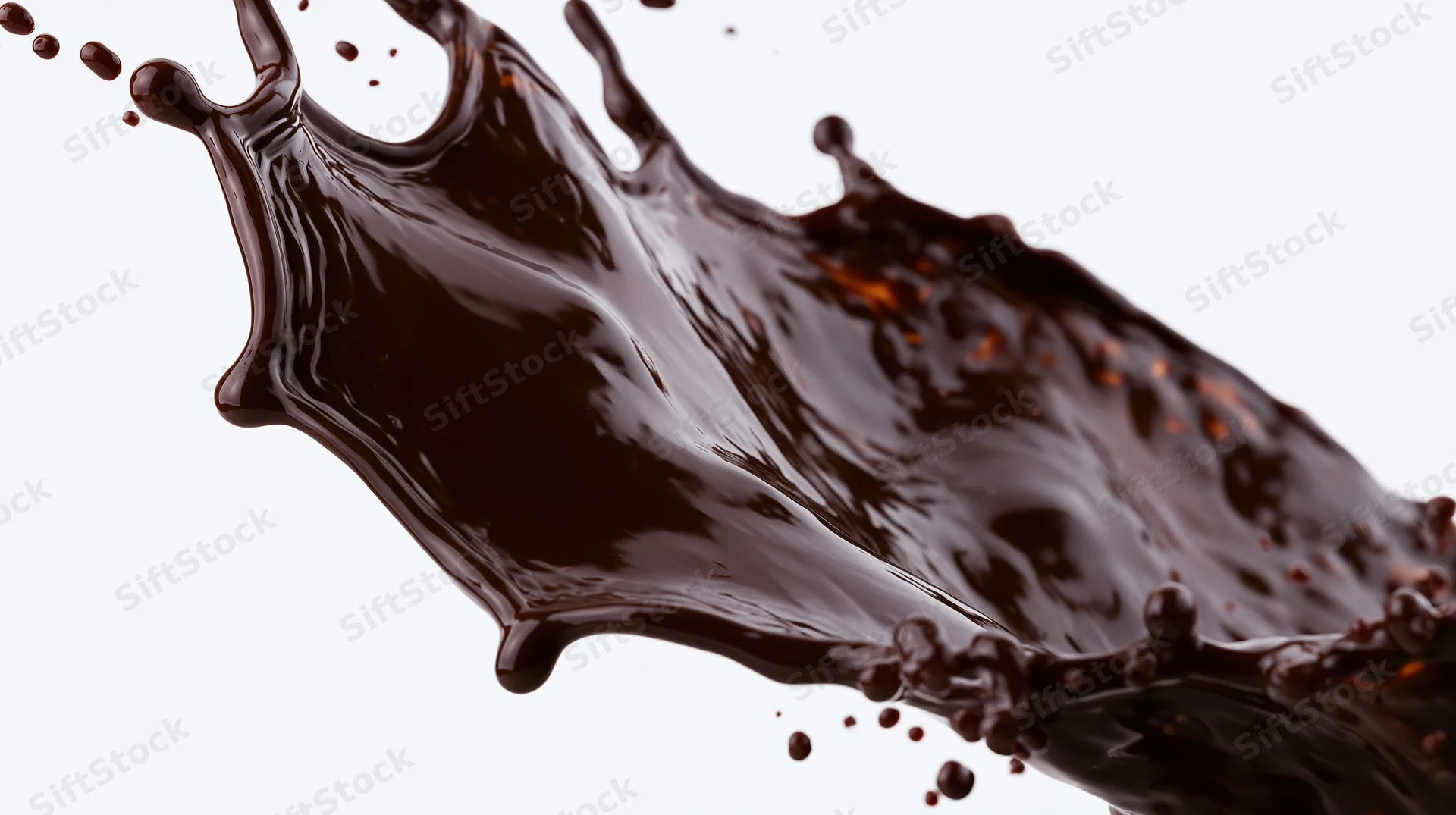 Dark chocolate splashing in mid-air against a white background