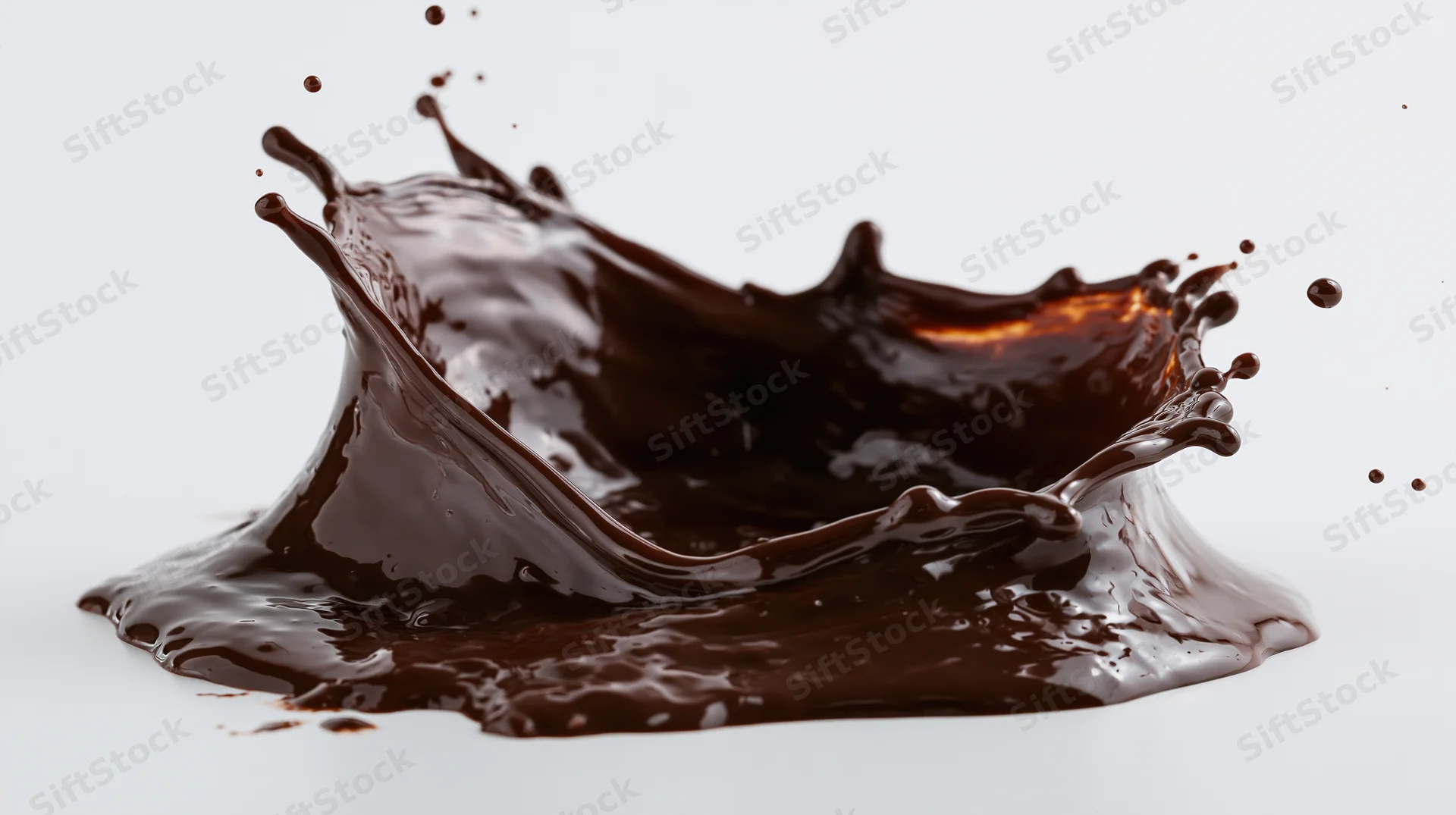Chocolate splash captured mid-motion on white background