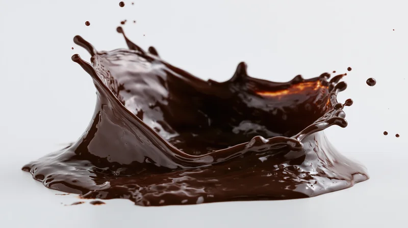 Chocolate splash captured mid-motion on white background