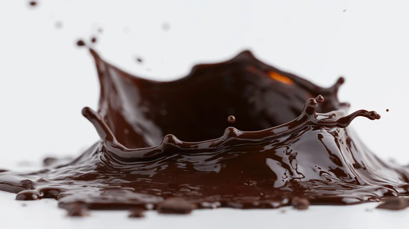 Chocolate splash captured mid-motion on white background