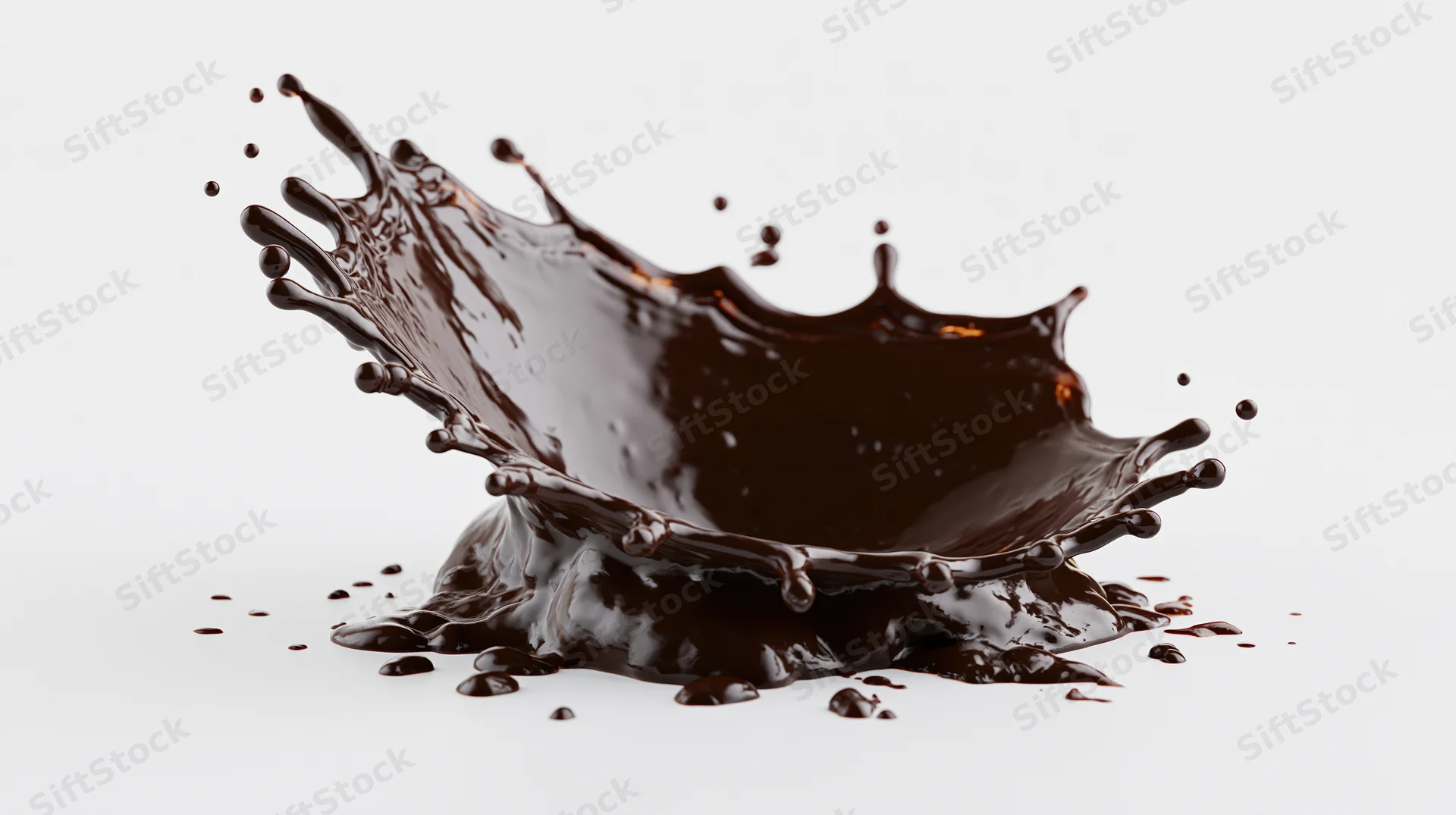 Chocolate splash in mid-air against white background