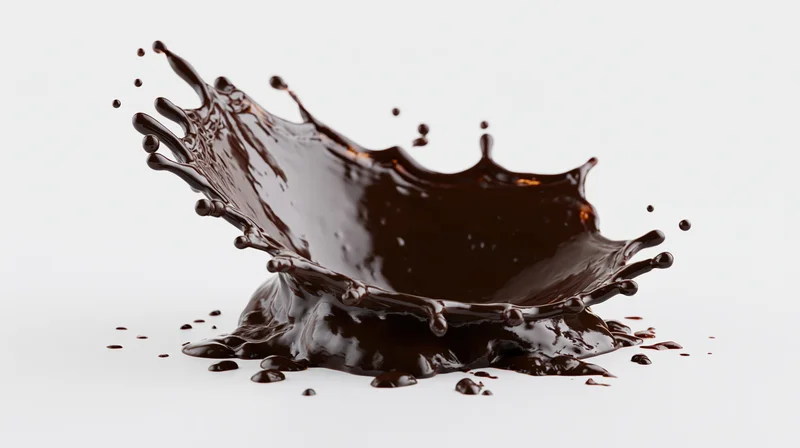 Chocolate splash in mid-air against white background