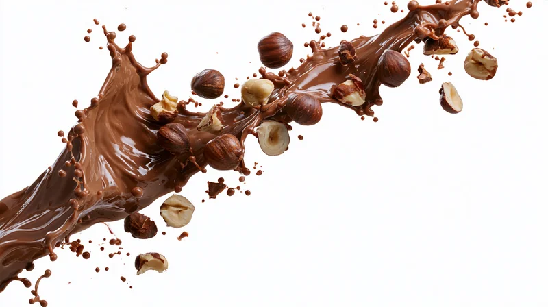 Chocolate and hazelnuts splashing in mid-air against a white background