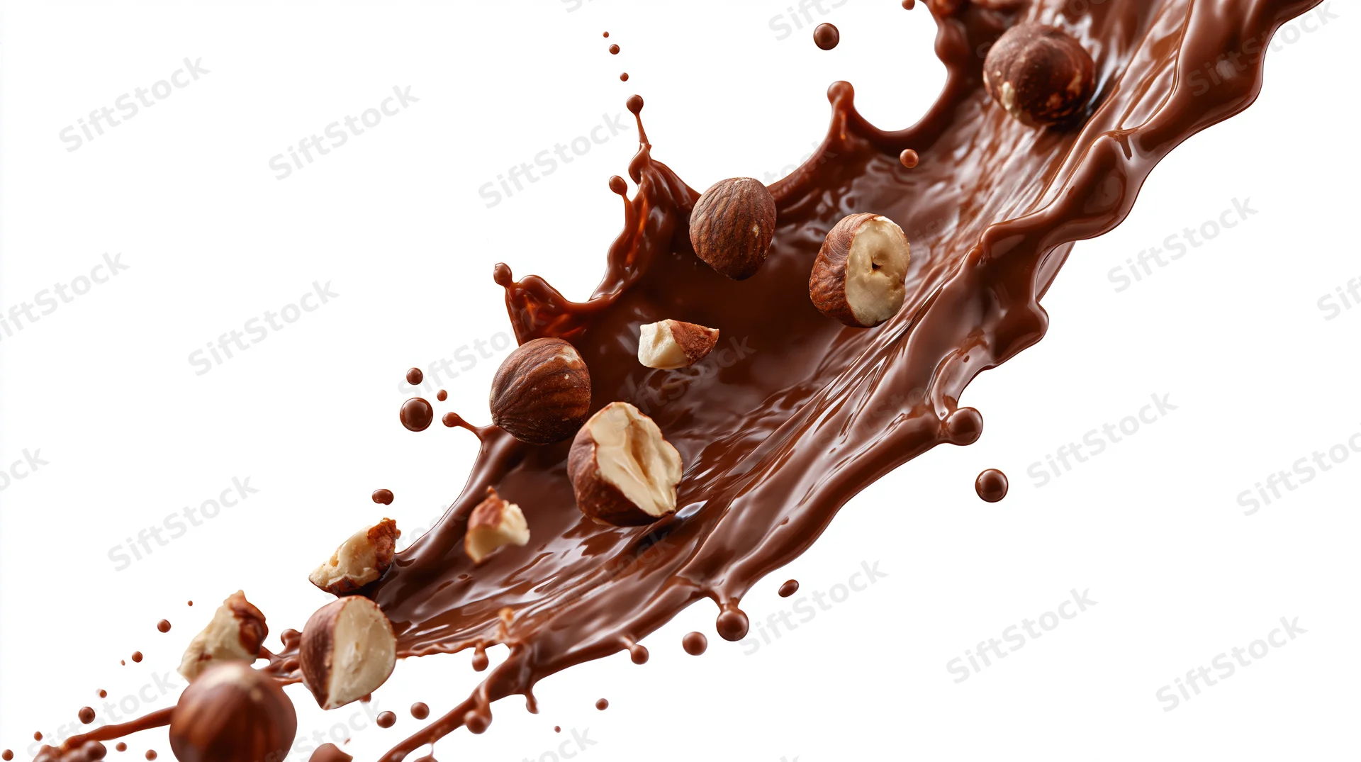 Chocolate and hazelnuts splashing in mid-air against white background