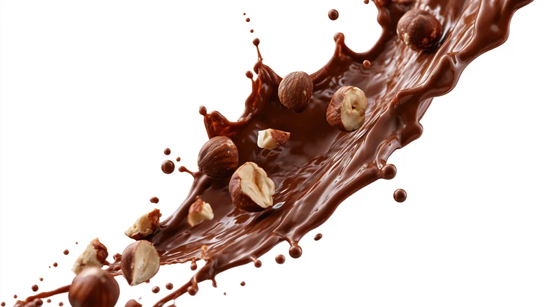Chocolate and hazelnuts splashing in mid-air against white background