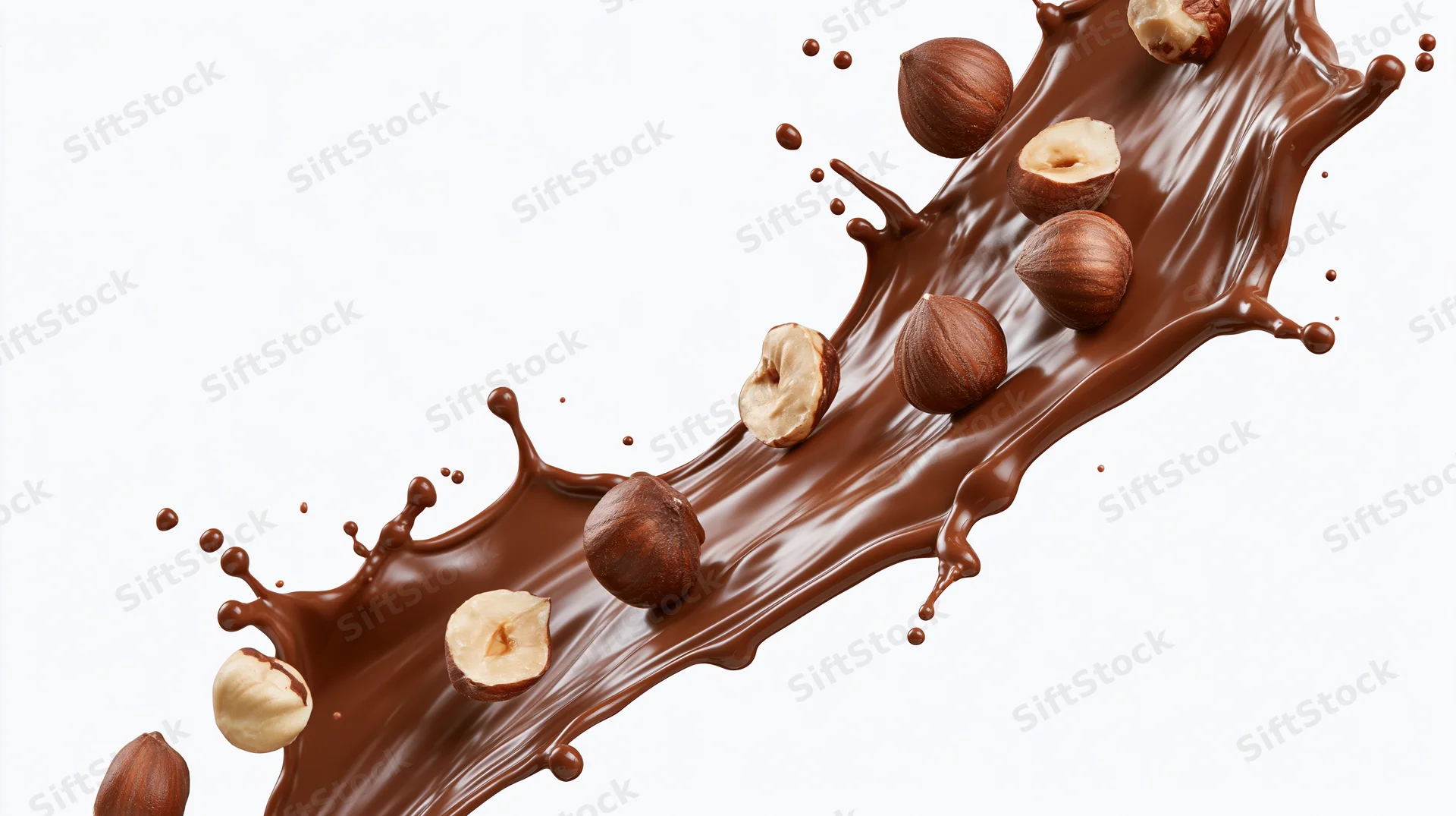 Chocolate splash with whole and halved hazelnuts on white background