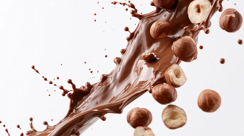 Chocolate and hazelnuts splashing in mid-air against white background