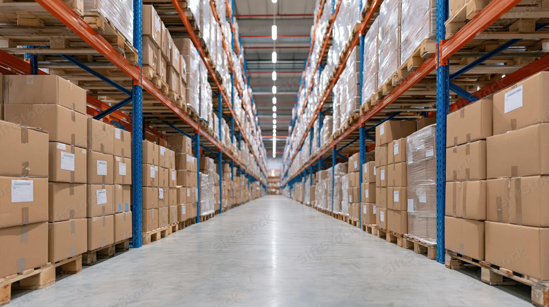 Long aisle between tall metal racks filled with cardboard boxes in a warehouse interior