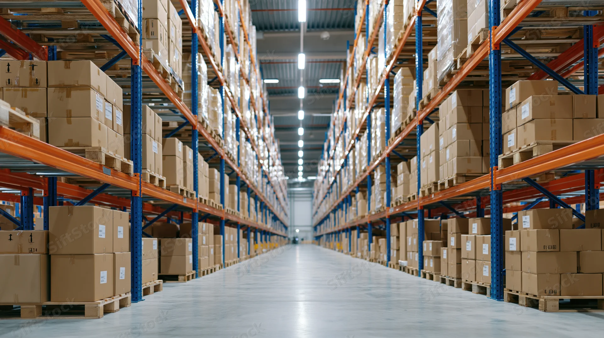 Long aisle between tall shelves filled with cardboard boxes in a warehouse