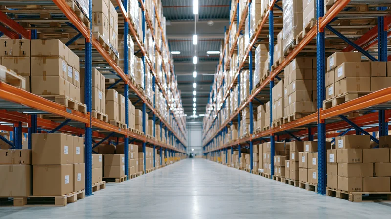 Long aisle between tall shelves filled with cardboard boxes in a warehouse