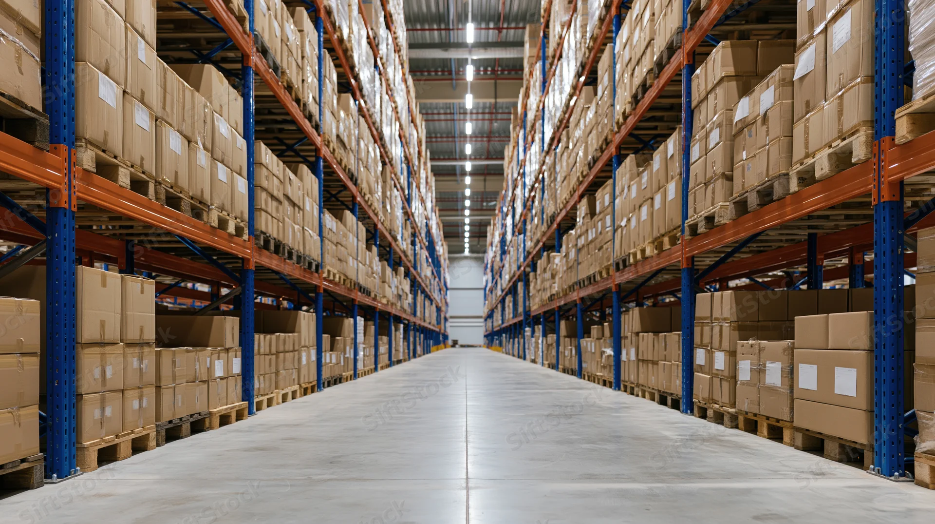 Long aisle between tall racks filled with cardboard boxes in a warehouse interior
