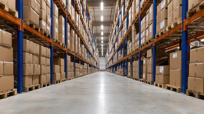 Long aisle between tall metal racks filled with cardboard boxes in a warehouse interior