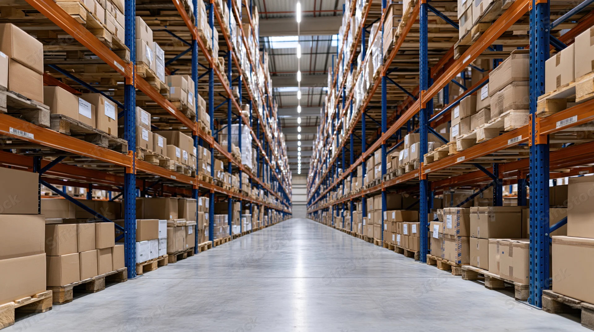 Long aisle between tall metal racks filled with cardboard boxes in a warehouse interior