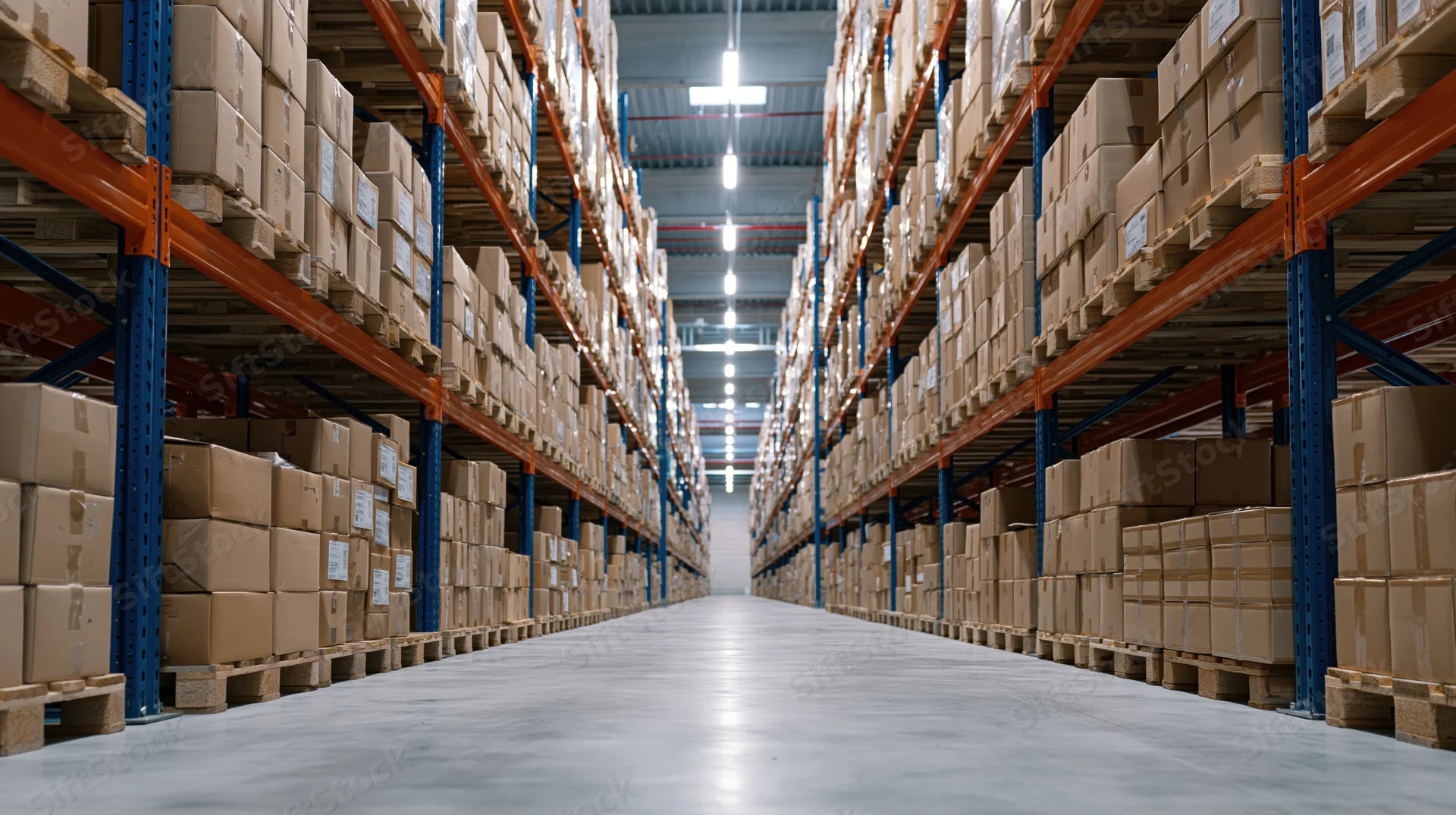 Long aisle between tall metal racks filled with cardboard boxes in a warehouse interior