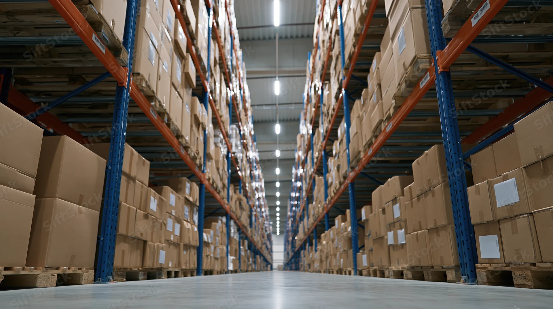 Long aisle between tall metal racks filled with cardboard boxes in a warehouse
