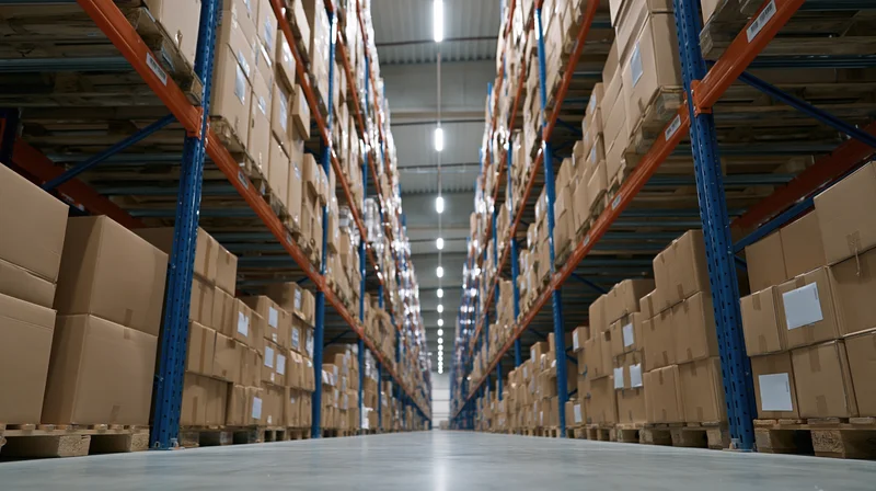Long aisle between tall metal racks filled with cardboard boxes in a warehouse