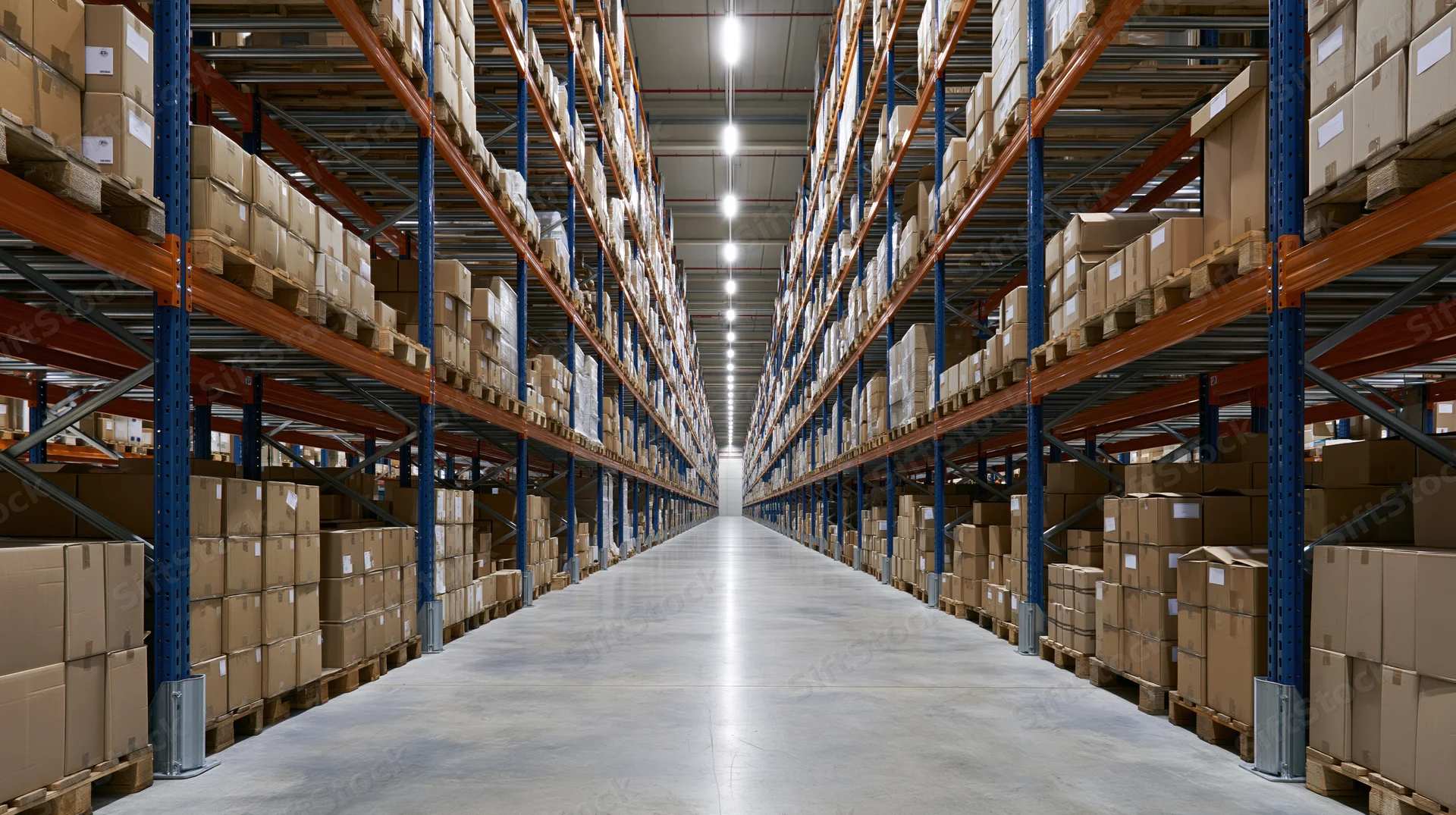 Long aisle between tall metal shelves filled with cardboard boxes in a warehouse