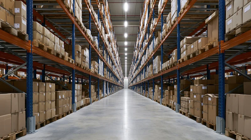 Long aisle between tall metal shelves filled with cardboard boxes in a warehouse
