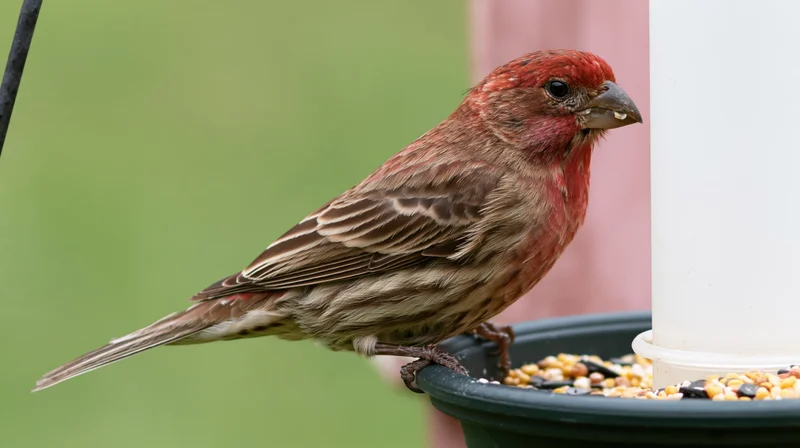 Male housefinch perched on bird feeder eating seeds in garden