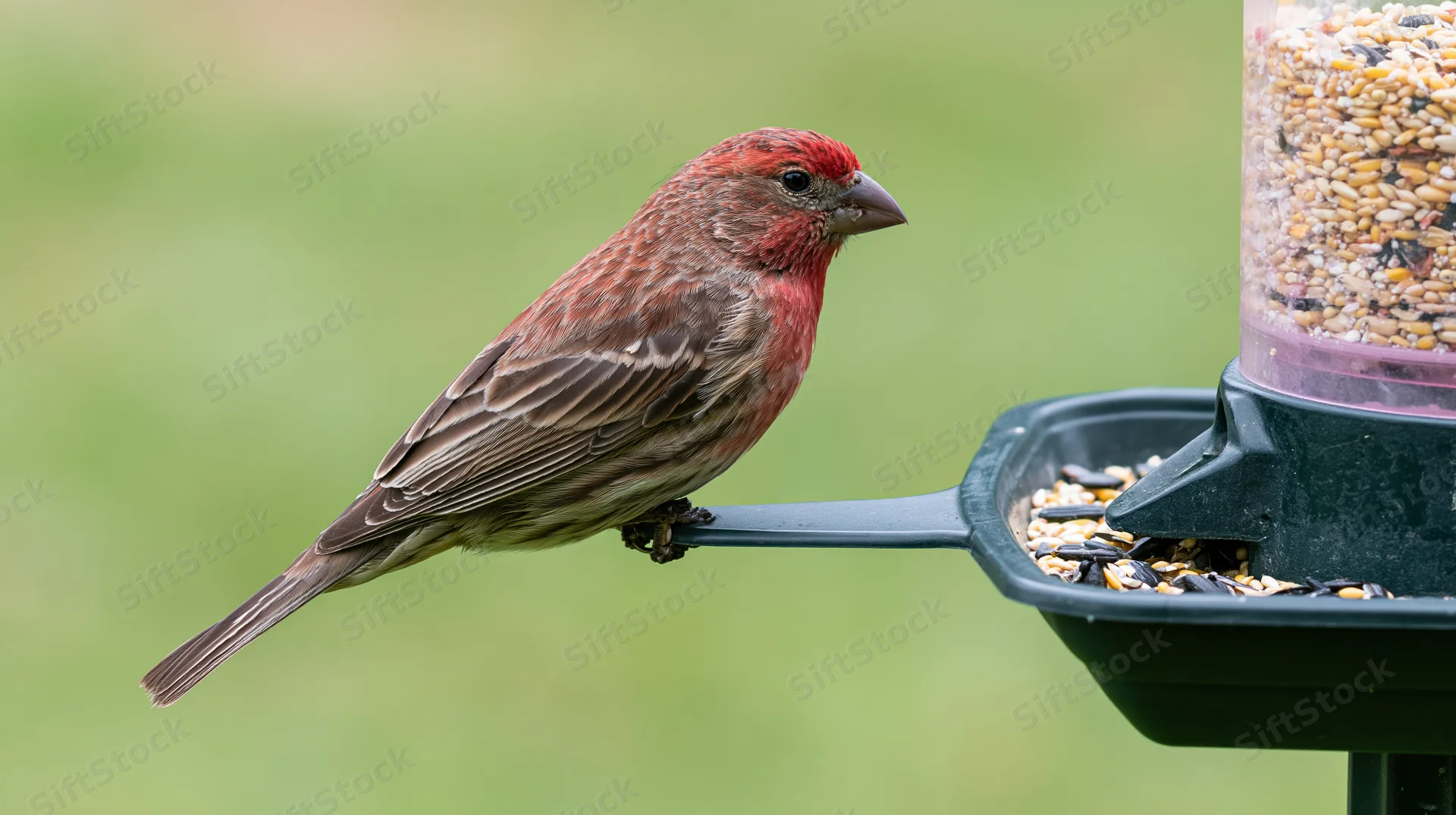 Male red finch perched on bird feeder in garden setting