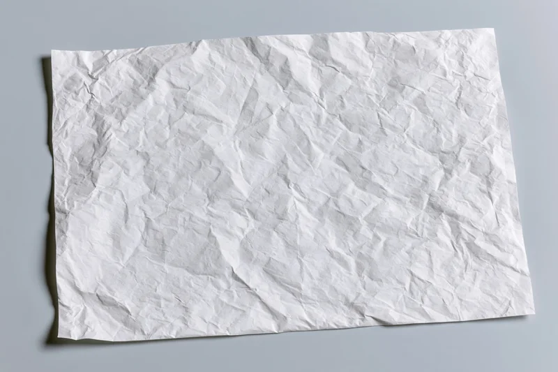 Crumpled white paper sheet lying flat on a gray surface