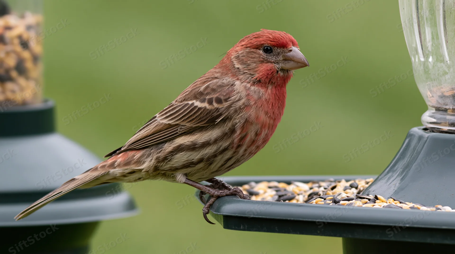 Male housefinch perched on bird feeder tray eating seeds in garden