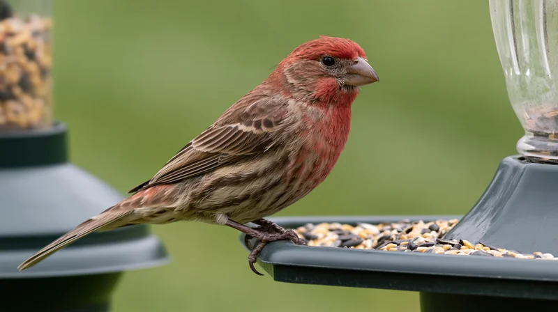 Male housefinch perched on bird feeder tray eating seeds in garden