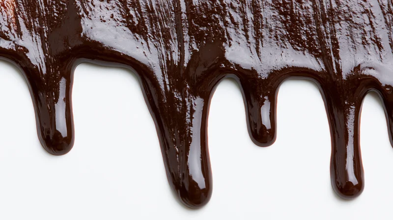 Chocolate sauce dripping down in thick glossy streams against a white background