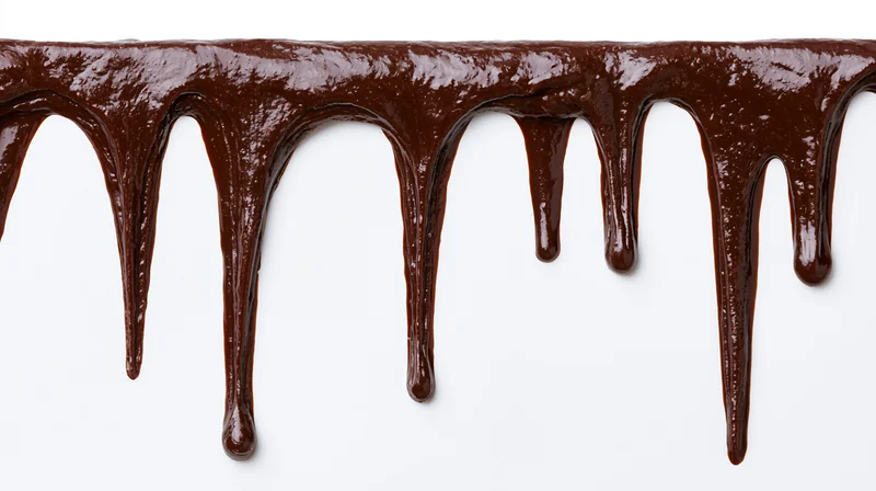 Chocolate sauce dripping down in thick glossy streams against white background