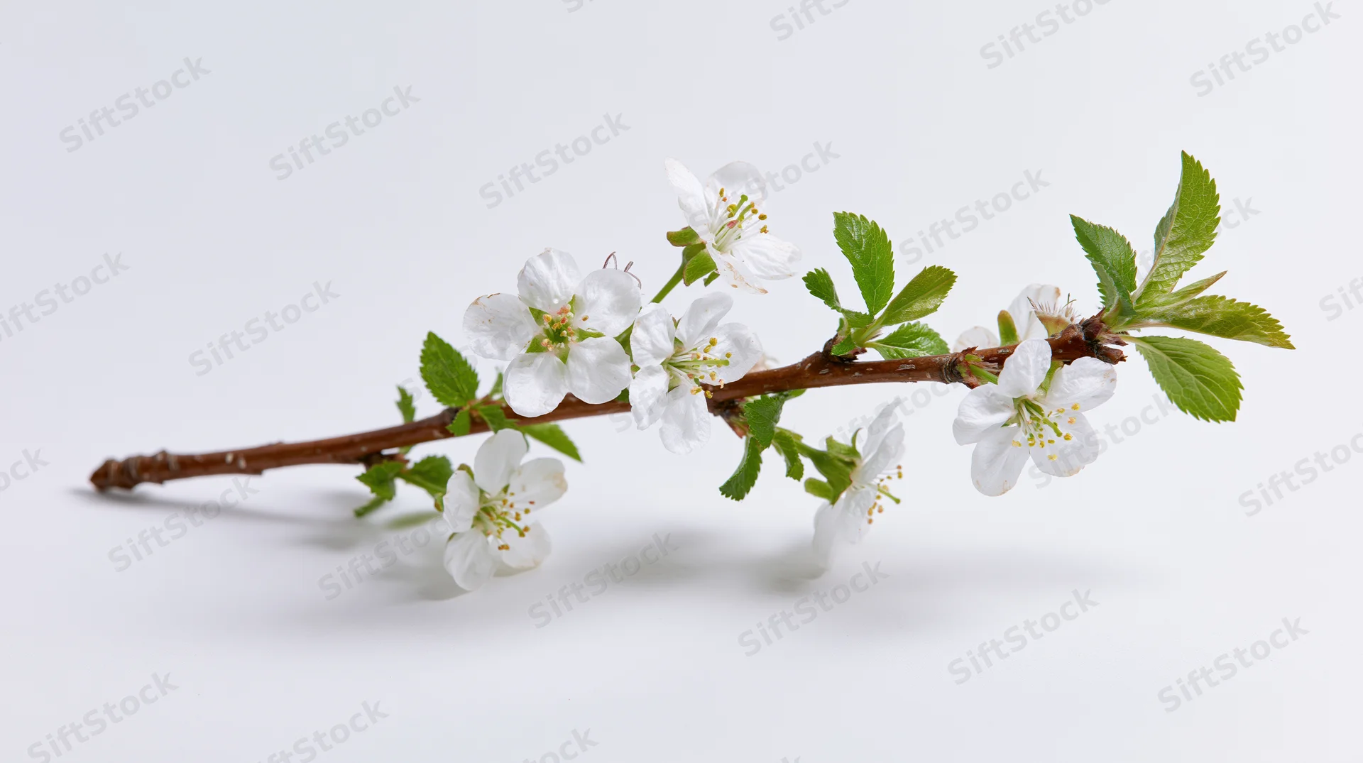 Cherry blossom branch with white flowers and green leaves on white background