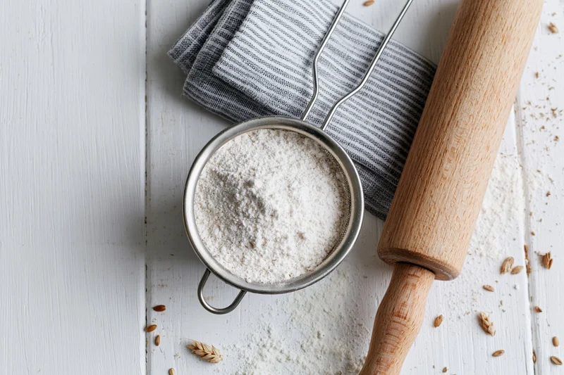 Flour in a metal sifter beside a wooden rolling pin on a white wooden surface with scattered wheat grains